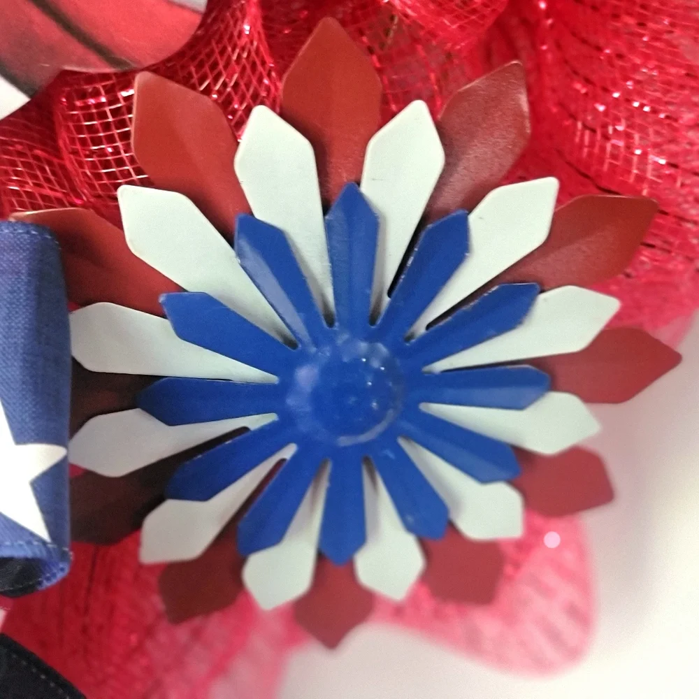 Fourth of July Patriotic Wreath Tin Eagle Fireworks Deco Mesh Bow
